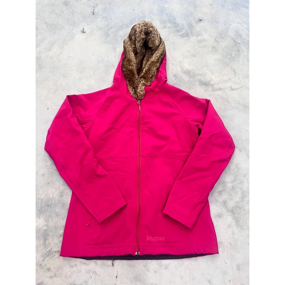 Marmot Furlong Softshell Jacket Womens L Pink Fur Hooded Full Zip Raglan Sleeve